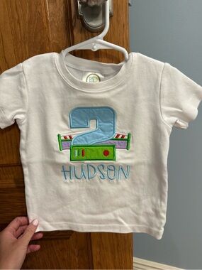 Personalized White Kids' Shirt with Buzz Lightyear Toy Story Number 2. Disney